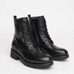 Anfibi Donna in Pelle Nera con Lacci e Zip
