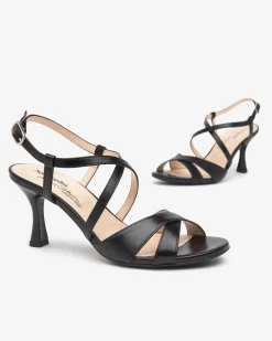 Sandali Donna con Tacco Rocchetto in Pelle Nero