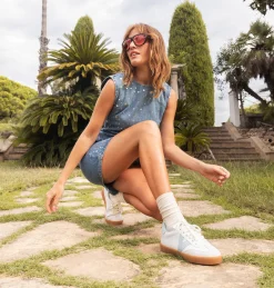 Sneakers Donna Bassa Pelle Bianco Celeste