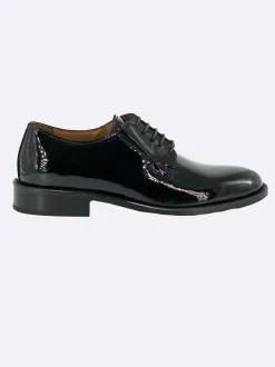 Stringata Uomo Elegante Sposo Cerimonia Vernice Nero Fondo Cuoio Cucito Derby Liscio
